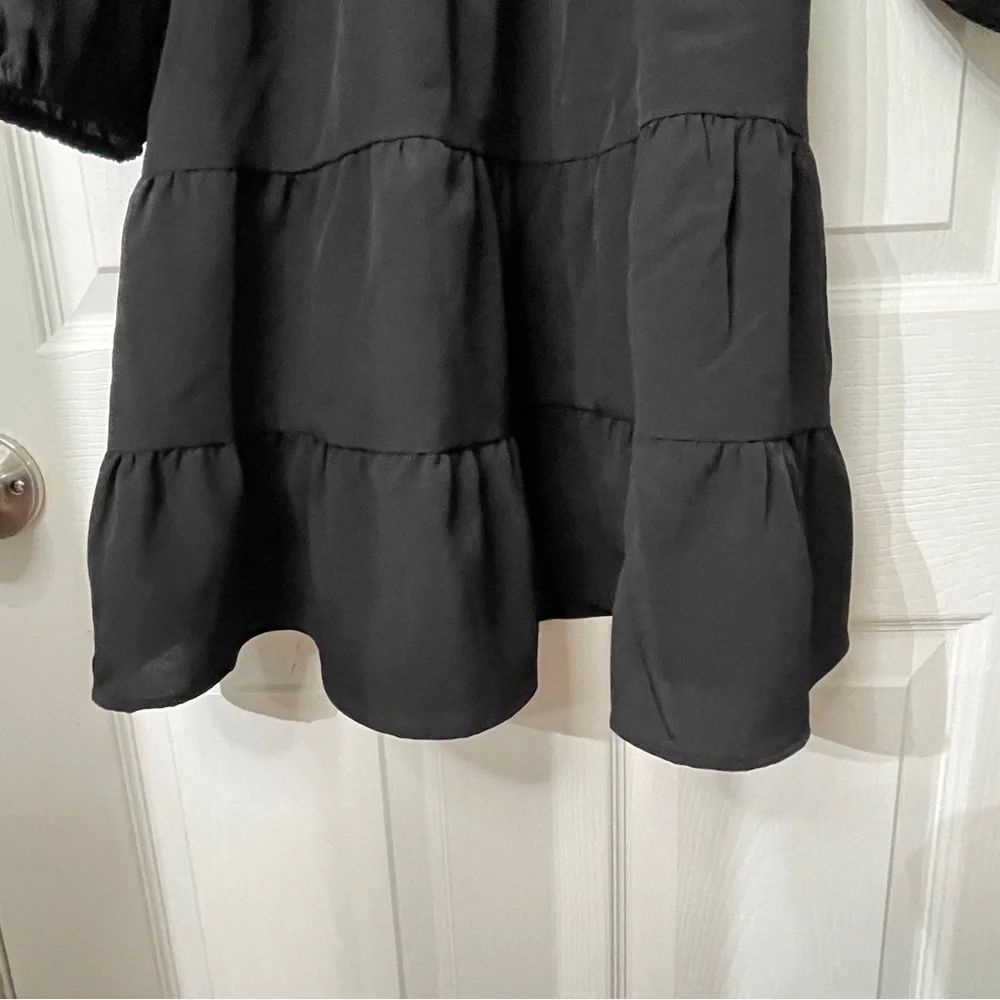 Nine. Eight New York Black Tie Neck Smocked Waist Tiered Mini Dress Medium - Picture 5 of 9